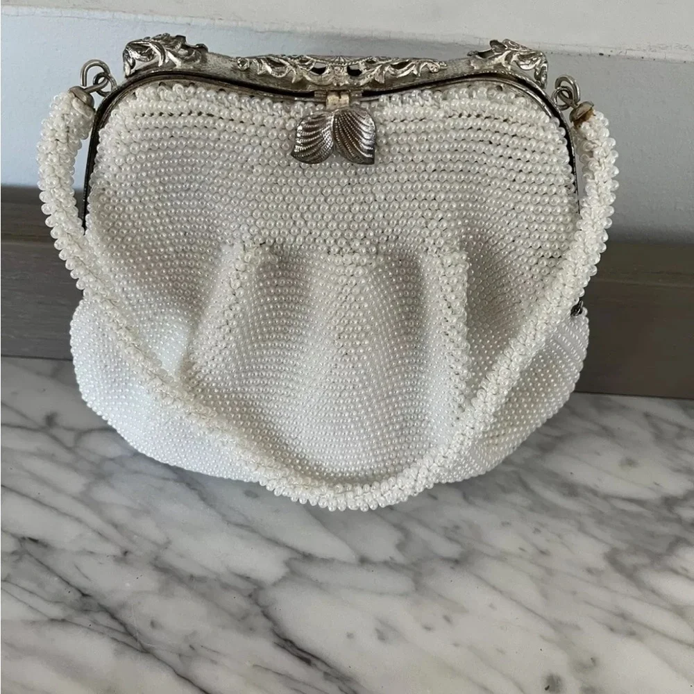 White Pearl Beaded Purse Evening Bag Clutch Silver Frame Clasp Vintage 50s 60s